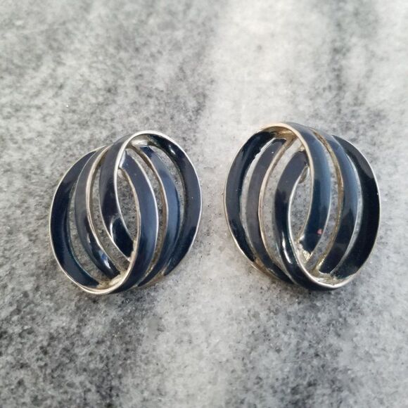 Vintage OPER Signed Retro Blue Enamel Post Earrings, 80s Design, Silver Tone - Picture 1 of 6